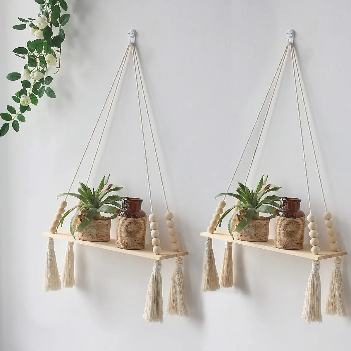 Macrame Wall Hanging Shelf Floating Wall Shelf Boho Home Decor Shelves Wall Wood Decoration for Bedroom Living Room Nursery Gift