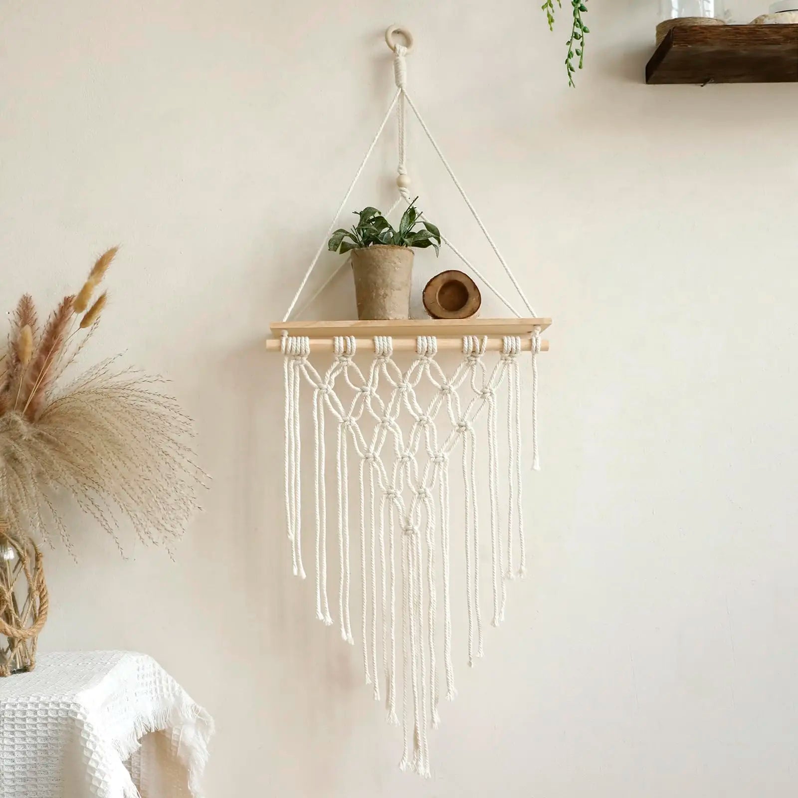 Macrame Wall Hanging Shelf Floating Wall Shelf Boho Home Decor Shelves Wall Wood Decoration for Bedroom Living Room Nursery Gift